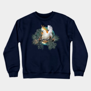 polygonal illustration group of Cockatoo birds with amazon leaves Crewneck Sweatshirt